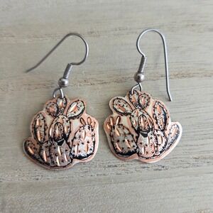 Vintage Artisan Copper Tone Filigree Cactus Earrings | Mixed Metal Boho